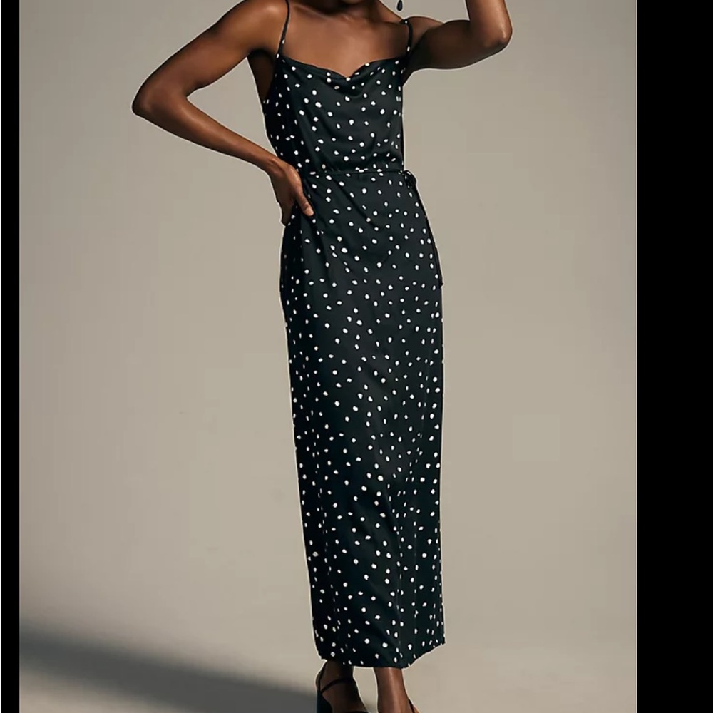 Bella Dahl Cowl Maxi Dress S Black Deco Dots Side Slit Resortwear Beachy No Belt